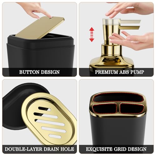 Bathroom Set - 11PC Bathroom Accessory Set, Bathroom Accessories Set, Black Bathroom Set, Push-lid Trash Can, 3PC Soap Dispensers, Toilet Brush & Q-tip Holders - color: Black & Gold, size: Bath Set