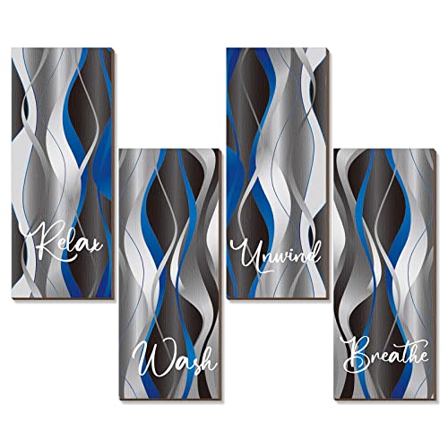 Qunclay Set of 4 Pcs 11 x 4 Inch Blue and Black Striped Bathroom Wall Art Grey and White Relax Soak Unwind Breathe Wall Art Farmhouse Rustic Wood Bathroom Decor Hanging Modern Wooden Printed Sign