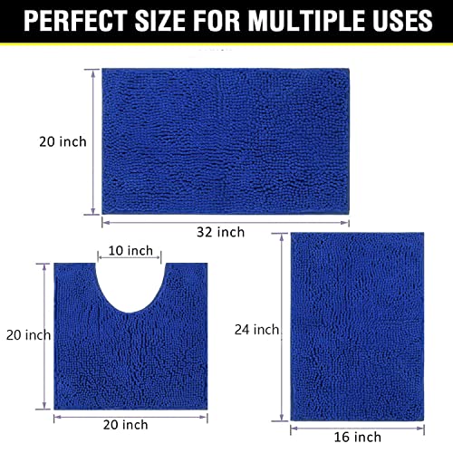 Bathroom Rugs Chenille 3-Piece Extra Soft and Absorbent Shag Bathroom Rugs, Machine Wash Mat, Strong PVC Non-Slip Underside, Plush Carpet Mats (Royal Blue) - color: Royal Blue, size: 2'8" x 1'8" (16x24"+20x32"+20x20"U shape）