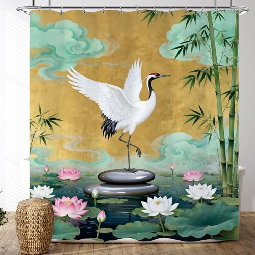 Zen Stone Spa Chinese Birds Shower Curtain Lotus Asian Bamboo Shower Curtains Set Meditation Relaxing Yoga Floral Botanical Yellow Bathtub Curtain Floarl Bathroom Decor 60x72 Inch - color: Floral Birds