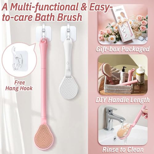 Back Scrubber for Shower & Silicone Bath Glove Set, 19’’ Detachable Long Handle Body Scrubber Wet or Dry Brush, Adjustable 2-in-1 Back & Body Brush with Soft Bristles for Deep Cleaning(White) - color: Back Scrubber-white