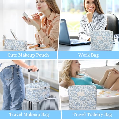 Gosect 3PC Makeup Bag Set, Quilted Makeup Bag Set, Large Floral Cosmetic Bag for Women, Cute Cotton Makeup Bags, Flower Travel Toiletry Organizer Bag (White Pink Bow Tie) - color: White Pink Bow Tie