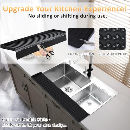 Sink Edge Protector with Suction Cup 4"x24", Silicone Sink Splash Guard for Kitchen & Bathroom, Protect Countertop from Scratches, Stains, for Stainless Steel Granite Quartz-Black - color: Black, size: 4in x 24in
