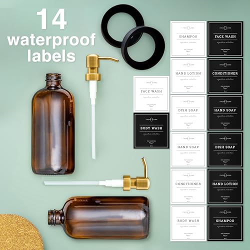 Vine Creations Amber Glass Soap Dispenser, 2 Pack Kitchen Soap Dispenser Set with Stainless Steel Pump, 16 oz Dish Soap and Hand Soap Dispensers for Bathroom with Waterproof Labels - color: Amber Bottle / Gold Pump
