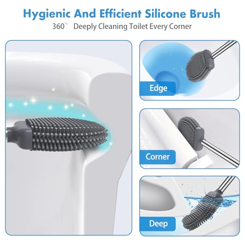 Silicone Toilet Brush and Holder, Flexible Bowl Brush Head with Ventilated Holder, Wall Mounted Compact Set for Bathroom Cleaning
