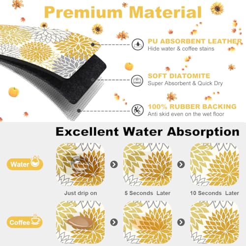 Findosom 2PCS 12" x 20" Fall Dish Drying Mat & 24" x 5.5" Sink Splash Guard, Super Absorbent & Cuttable Dish Mat Drying Kitchen Mat with Yellow Floral, Hide Stain Drying Mat for Kitchen Counter - color: Yellow, size: 12" X 20" + 24" X 5.5"
