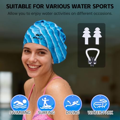 WHALE Extra Large Swim Cap Designed for Men and Women with Thick, Long Hair, Hair Extensions Or Afro-Textured Hair Long-Hair Swim Cap Highly Waterproof to Keep Hair Dry - color: Wave-patterned