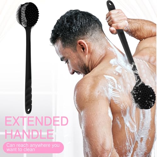 Sunnyray 2 Pack Silicone Back Scrubber for Shower with 15" Long Handle Double-Sided Bath Body Brush for Exfoliating Easy to Clean Quick Dry Deep Cleaning Lathers Well(Pink,Black) - color: Pink,black