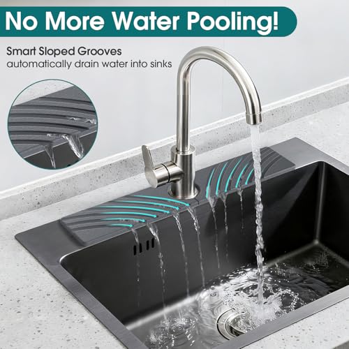 Quick Dry Stone Faucet Mat for Kitchen Sink - 23.6"x3.9" Natural Diatomite Stone Drying Mat for Kitchen Counter, Auto Drainage Sink Protector, Water Splash Guard for Bathroom (Dark Grey)