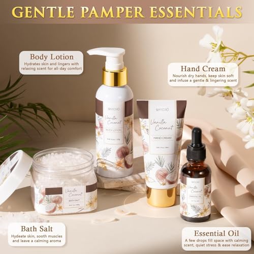 Mothers Day Birthday Gifts for Women, Vanilla Coconut Relaxing Spa Gift Baskets for Women Self Care Package Bath Gift Set, Home Bath and Body Kit Pampering Gifts for Womens Her Mom Friends Sister Wife - color: Brown-Vanilla Coconut