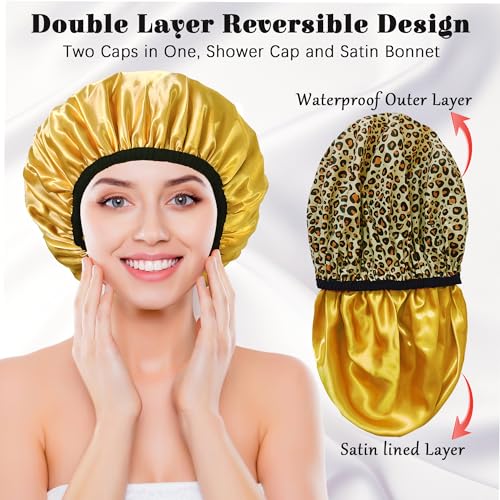 Shower Cap for Women, Shower Caps Reusable Waterproof, Large Plastic Satin Lined Shower Cap for Braids Long Hair - color: Leopard stripes