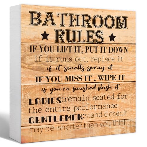 Funny Farmhouse Bathroom Wood Sign - Rules Block Sign for Shelf, Toilet, Restroom, Home, Tabletop, Desk Decor - Wooden Box Sign - color: Wood Color3