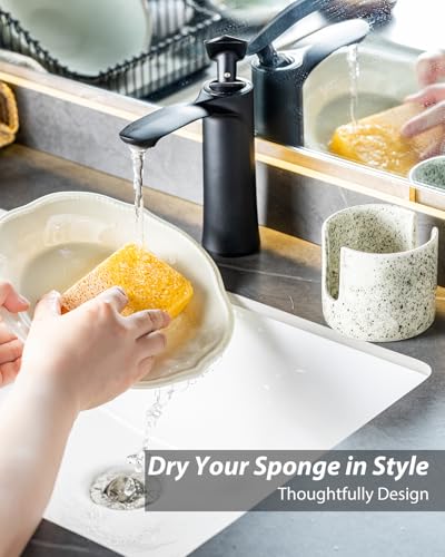 Zoeeker Kitchen Sink Sponge Holder, Dish Sponge Rack Ceramic Brush Holder Farmhouse Kitchen Dish Rack for Brush, Scrubbers, Bathroom, Sink, Speckled Glaze - color: Speckled Glaze, size: Cylindrical