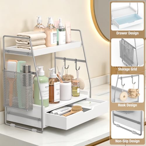 2-Tier Bathroom Counter Organizer with Drawer and Removable Basket, Wood Vanity Countertop Storage for Perfume, Makeup, Skincare, Bathroom Counter Shelf, 13" x 7.9" x 14.5", Silver - color: Silver