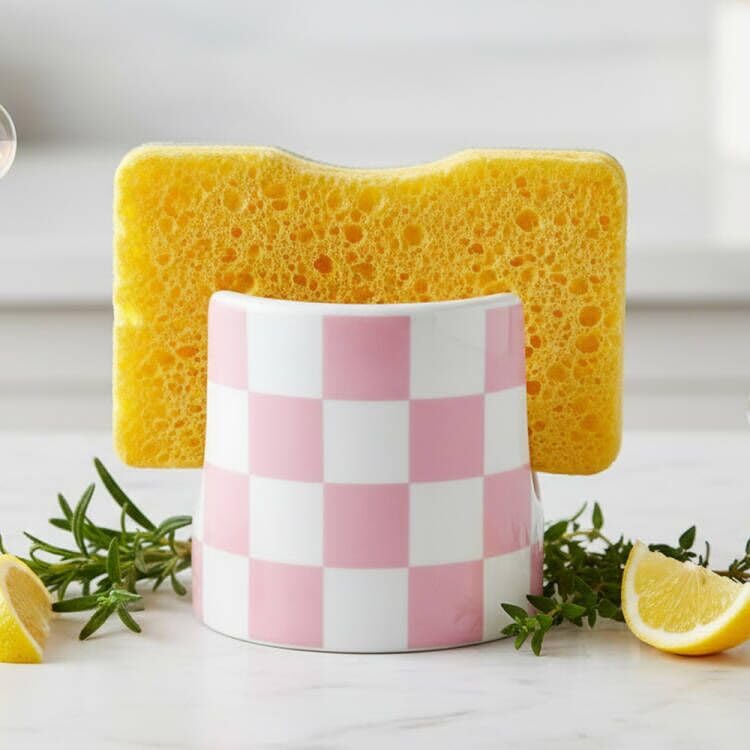 Kitchen Sink Checkered Sponge Holder, Dish Sponge Rack Cute Ceramic Brush Holder Organizer, Farmhouse Kitchen Decor Dish Rack for Brush, Scrubbers, Bathroom, Sink (Pink-white) - color: Pink-white