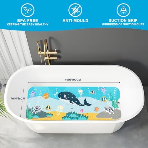 XIYUNTE Baby Bath Mat for Tub Non Slip Kids Bath Mat - 40''x16'' Extra Long Cartoon Bathtub Mat Non Slip Kids Shower Mat Eco-Friendly Toddler Bath Mats with Suction Cups, Machine Washable - color: G-whale
