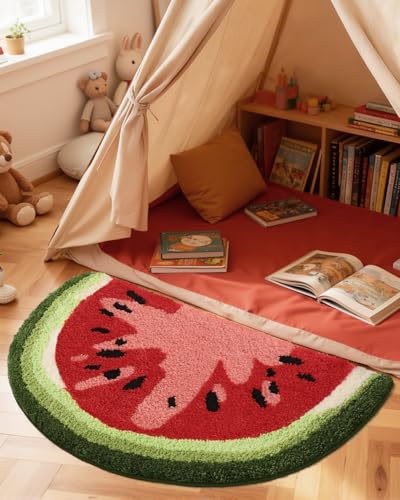 DEXI Cute Bathroom Rugs Half Round, Funny Fruits Absorbent Bath Mat Non Slip Washable, Extra Soft Plush Microfiber Bathmat for Shower Floor, Tub, Sink, Bedroom, 32x20, Watermelon - color: Watermelon