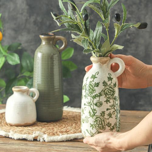 Vintage Vase Set of 3 with Handle, Ceramic Vintage Rustic Vases Home Decor Farmhouse Decorative Vase Pottery Decor Modern for Table Mantel Entryway Bookshelf Living Room Kitchen Bedroom - Green - color: 010 Vase Set - Vintage Green
