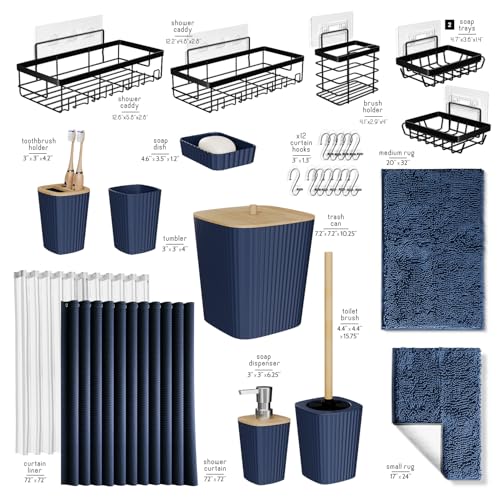 Clara Clark Bathroom Accessories Set - 27PC Bathroom Set with Adhesive Corner Shower Caddy Hanging, Bathroom Sets with Shower Curtain and Rugs, Navy Blue Shower Curtain Set with Bathroom Trash Can - color: Navy Blue, size: Complete Set + Bath Rug + Shower