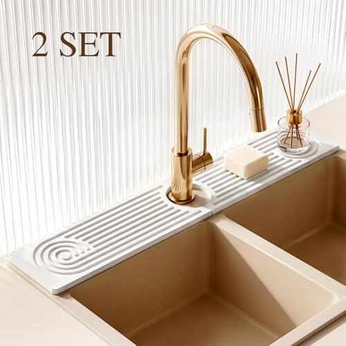 2 Pack Stone Faucet Mat for Kitchen Sink, Absorbing Drying Stone Mat Prevent Moisture, Sink Splash Guard Water,Natural Diatomite Stone Tray for Bathroom Counter 23.6*3.9inch (White+White) - color: White+White
