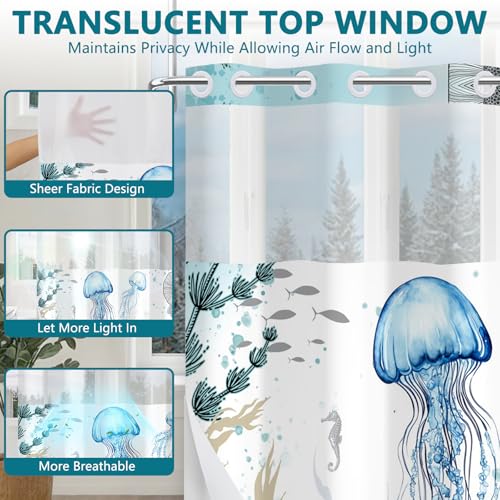 Nautical No Hook Shower Curtain and Liner Set, Blue Shower Curtains for Bathroom with Sheer Top Window, Ocean Shower Curtain with Watercolor Underwater Landscape Jellyfish Coral Design, 71x74 Inches - color: Deep Sea Jellyfish