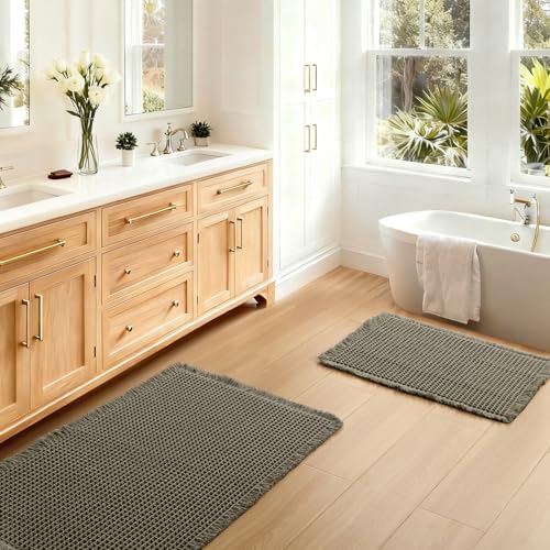 JIUZHEN Set of 2 Waffle Bathroom Rugs Non Slip Boho Bath Rugs Machine Washable Waffle Bath Mats with Rubber Backed Super Absorbent Shower Mats for Bathroom Floor, 16" x 24" +20" x 32", Olive Green - color: Olive Green, size: 16"x24" + 20"x32"