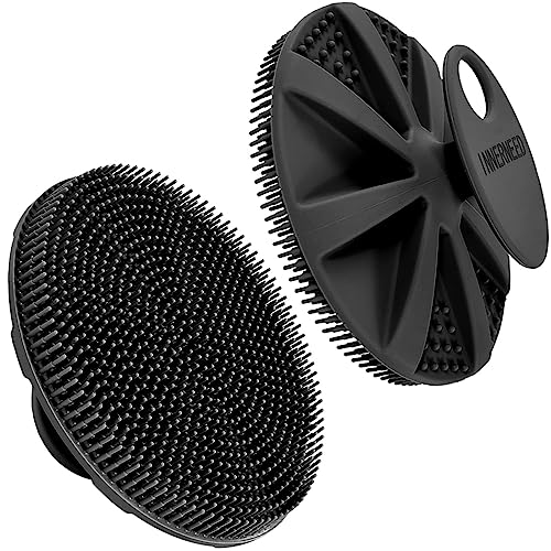 INNERNEED Food-Grade Soft Silicone Body Scrubber Shower Brush Handheld Cleansing Skin Brush, Gentle Exfoliating and Lather Well (Black) - color: Black