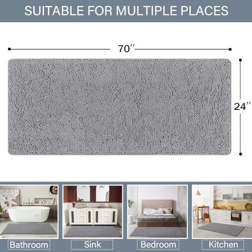 LOCHAS Luxury Bathroom Rug Shaggy Bath Mat 24 x 70 Inch, Washable Non Slip Bath Rugs for Bathroom Shower, Soft Plush Chenille Absorbent Carpets Mats, Gray - color: Grey, size: 2' X 5'10" (24''x70'')