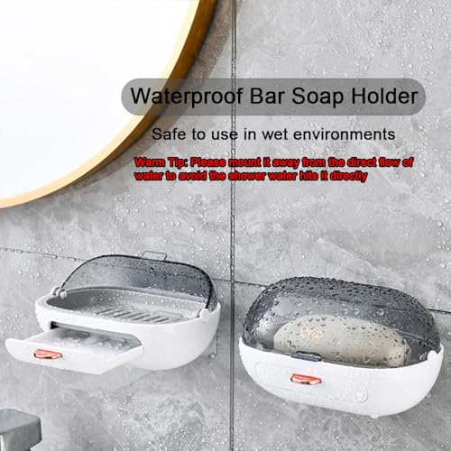 2 Pack Shower Soap Dish Holder with Lid, Bar Soap Holder with Drain, Wall Mounted Soap Box Container for Shower, Bathroom, Bathtub, Kitchen Sink, Adhesive Included - color: 2pcs White Wall-mounted