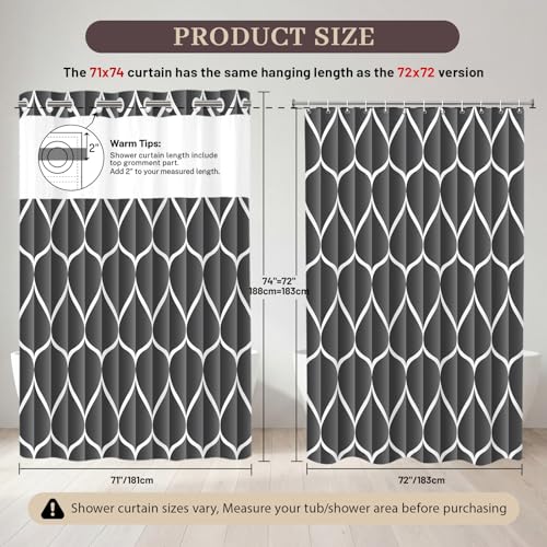 Yiatn Dark Grey Ringless Shower Curtain with Snap in Liner - Hotel Style with See Through Mesh Top Window, Modern Geometric Waterdrop Design,Waterproof and Washable,- 71x74 INCH - color: Dark Grey, size: 71"W x 74"L (Pack of 1)