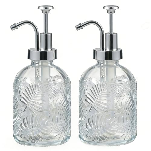 11.8Oz Vintage Glass Bathroom Soap Dispensers with Silver Pump, Refillable Kitchen Dish Soap Dispenser with Embossed Leaf, Modern Farmhouse Hand Soap Liquid Bottle -2 Pack - color: Clear/White Silver, size: 2Pack