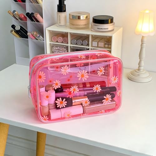 Neon TSA Approved Clear Toiletry Pouch, 7"x2.3"x4.7" Size, PVC Travel Makeup Bags for Toiletries, Transparent Cosmetic Bag for Women and Men Small (Daisy~6PCS) - color: Daisy-6PCS