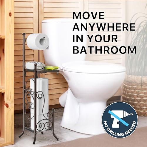 Simple Houseware English Style Bathroom Toilet Tissue Roll Holder Stand with Shelf, Bronze - color: Bronze, size: Wood Shelf - 29.2''H