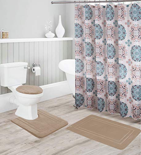 Kids Zone Home Linen Bathroom Collection 16pc Taupe Bathroom Accessory Set - Non-Slip Bath Mat, Non-Slip Contour Mat, Toilet Lid Cover and Waterproof Shower Curtain with Rustproof Metal Roller Hooks - color: Taupe