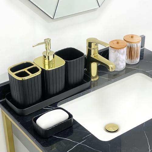 9PCS Black and Gold Bathroom Accessories Set with Bathroom Trash Can, Toilet Brush,Soap Dispenser, Q-Tip Holder | Modern Home Bath Essentials - color: Black&gold, size: 9-Piece Bath Set