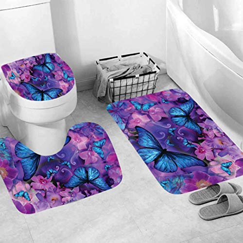 4Pcs Flowers and Butterfly Shower Curtain Set with Non-Slip Rugs and Toilet Lid Cover Cute Animals Floral Fabric Bathroom Decor with Hooks Waterproof Washable 72"x72" Blue Purple - color: Blue Purple