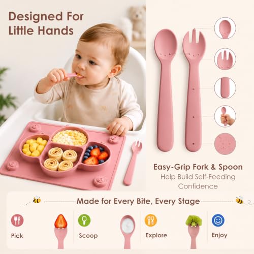 ROCCED Suction Plates for Baby Placemat Spoon Fork Set for Toddlers, Silicone Baby Plates with Suction Baby Dishes for Kids Plates-pale mauve - color: Pale Mauve