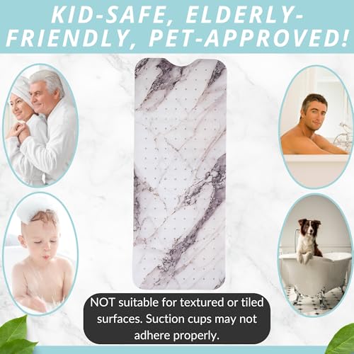 ENKOSI Bath Mat – Large 40 x 16 Inch Non-Slip Bathtub Mat with Suction Cups & Drain Holes – Extra Long Shower Mat for Tub with Marble Print Design (Grey Marble 40x16) - color: Marble Gray