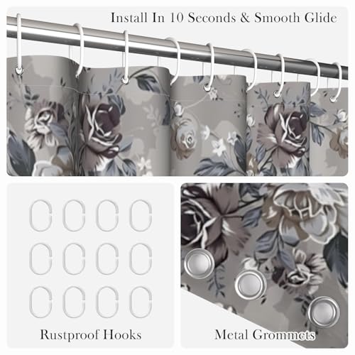 Vintage Grey Floral Shower Curtain 74 Inches Long - Dark Rose Flower Botanical Print Bathroom Curtain with Rust-Proof Hooks, Waterproof Fabric Bath Tub Curtain for Traditional Home Decor - color: Floral-j