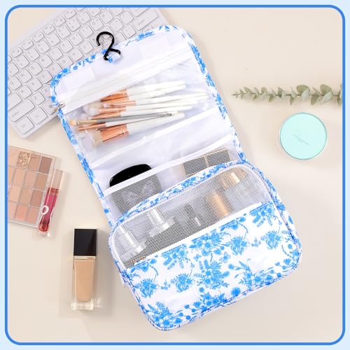 Pengxiaomei Hanging Toiletry Bag, Blue Vintage Floral Waterproof Cosmetic Bag Portable Makeup Pouch Travel Wash Bag with Handle for Teen Girls Camping Tea Party - color: blue&white