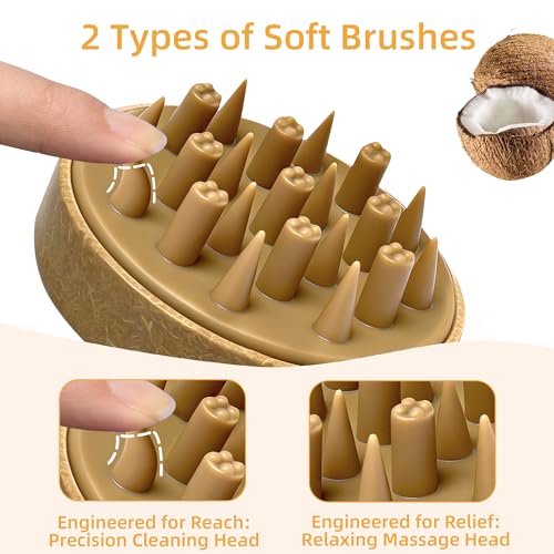 Nimiah Scalp Massager Hair Growth - Natural Coconut Shell Shampoo Brush with Dual Silicone Bristles for Dandruff Removal Stress Relax, Wet & Dry Use Scalp Scrubber for Thick Thin Curly Hair