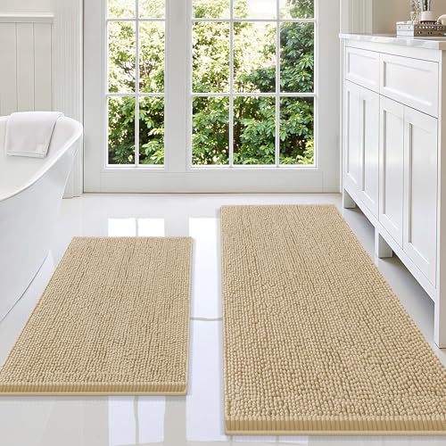 Smiry Bathroom Rugs Sets 2 Piece, Soft Absorbent Chenille Machine Washable Non Slip Shaggy Bath Rug Set for Tub, Shower, and Floor (59x20+30x20, Beige) - color: Beige, size: 59"x20"+30"x20"