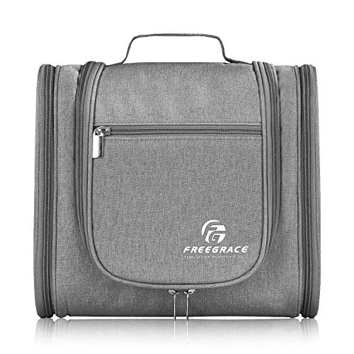 Freegrace Extra Large Hanging Toiletry Bag for Men and Women - Water-Resistant Nylon Travel Bathroom Organizer for Cosmetics, Makeup, and Toiletries - color: Light Grey