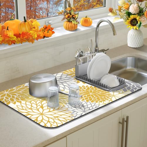 Findosom 2PCS 12" x 20" Fall Dish Drying Mat & 24" x 5.5" Sink Splash Guard, Super Absorbent & Cuttable Dish Mat Drying Kitchen Mat with Yellow Floral, Hide Stain Drying Mat for Kitchen Counter - color: Yellow, size: 12" X 20" + 24" X 5.5"