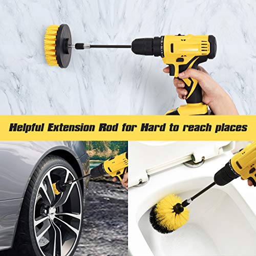 Drill Brush Attachment Set, Power Scrub Brush for Cleaning, All Purpose Scrubber Brushes with Extended Attachment for Bathroom Kitchen Surface, Grout, Tub, Shower, Tile, Corners, Car-Yellow