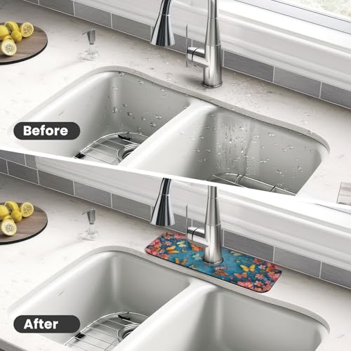 Kitchen Sink Splash Guard Faucet Mat, Butterflies Yellow Flowers Diatom Mud Absorbent Draining Mat For Kitchen Sink Bathroom - color: Butterflies Yellow Flowers, size: One Size