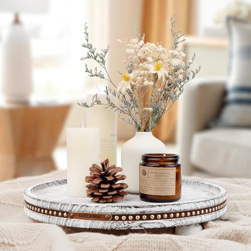 Decor Decorative Round Tray 11.81in for Home Decor for Coffee Table Farmhouse Kitchen Table Living Room Bathroom Centerpiece Tray Decor - color: White
