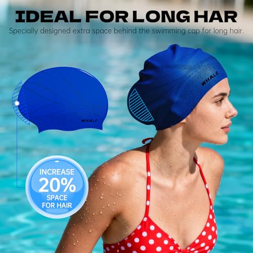 WHALE Extra Large Swim Cap Designed for Men and Women with Thick, Long Hair, Hair Extensions Or Afro-Textured Hair Long-Hair Swim Cap Highly Waterproof to Keep Hair Dry - color: Deep Sea Blue