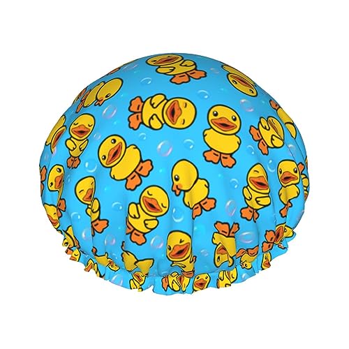 Yellow Rubber Duck Shower Cap For Women Adjustable Double Waterproof Layers Bathing Shower Hat Hair Protection Reusable Ladies Spa Salon Shower Hat - color: Rubber Duck