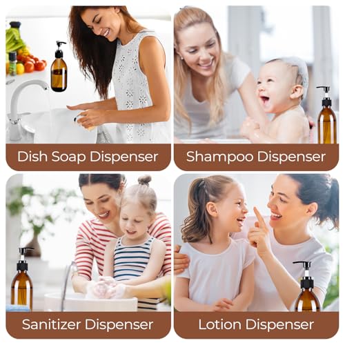 8 oz Amber Glass Soap Dispenser, 250ml Glass Pump Bottle for Body Lotion Massage Oil, Refillable Empty Hand and Dish Soap Dispensers Set with Labels - 3 Pack - color: Amber